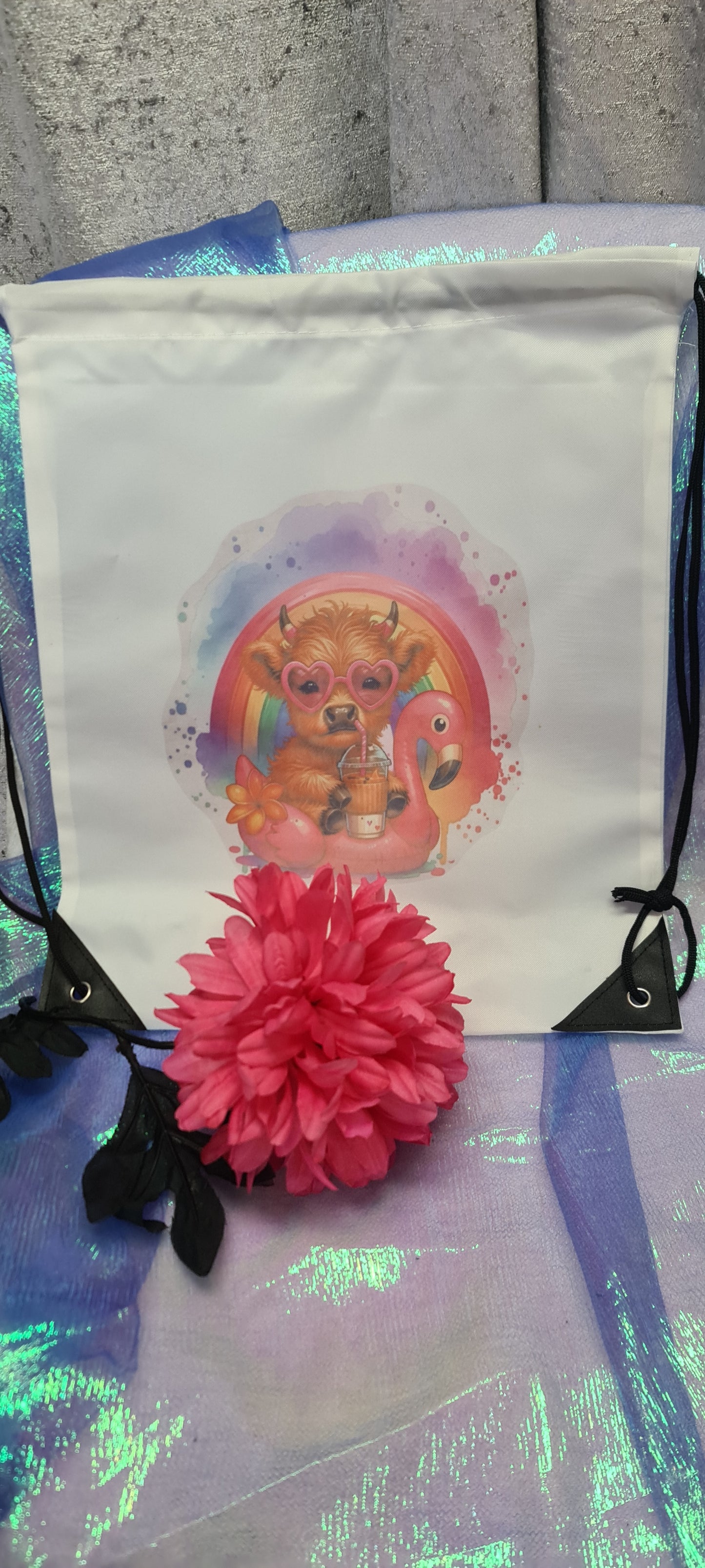 Draw string bag with a Highland Cow inspired Design