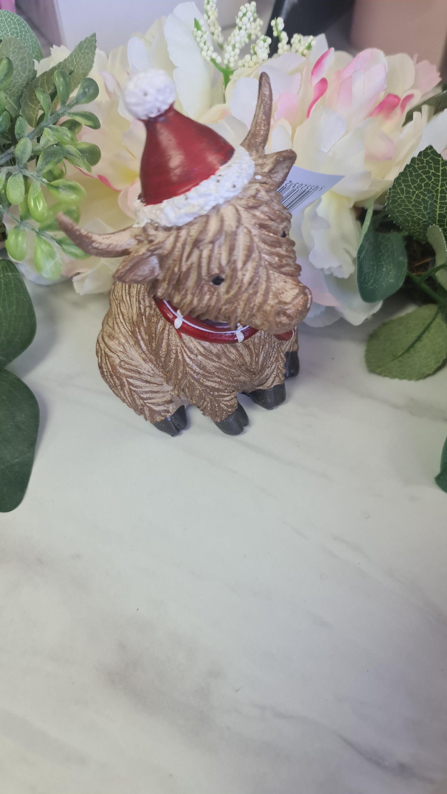 Sitting Highland Cow with Hat & Scarf