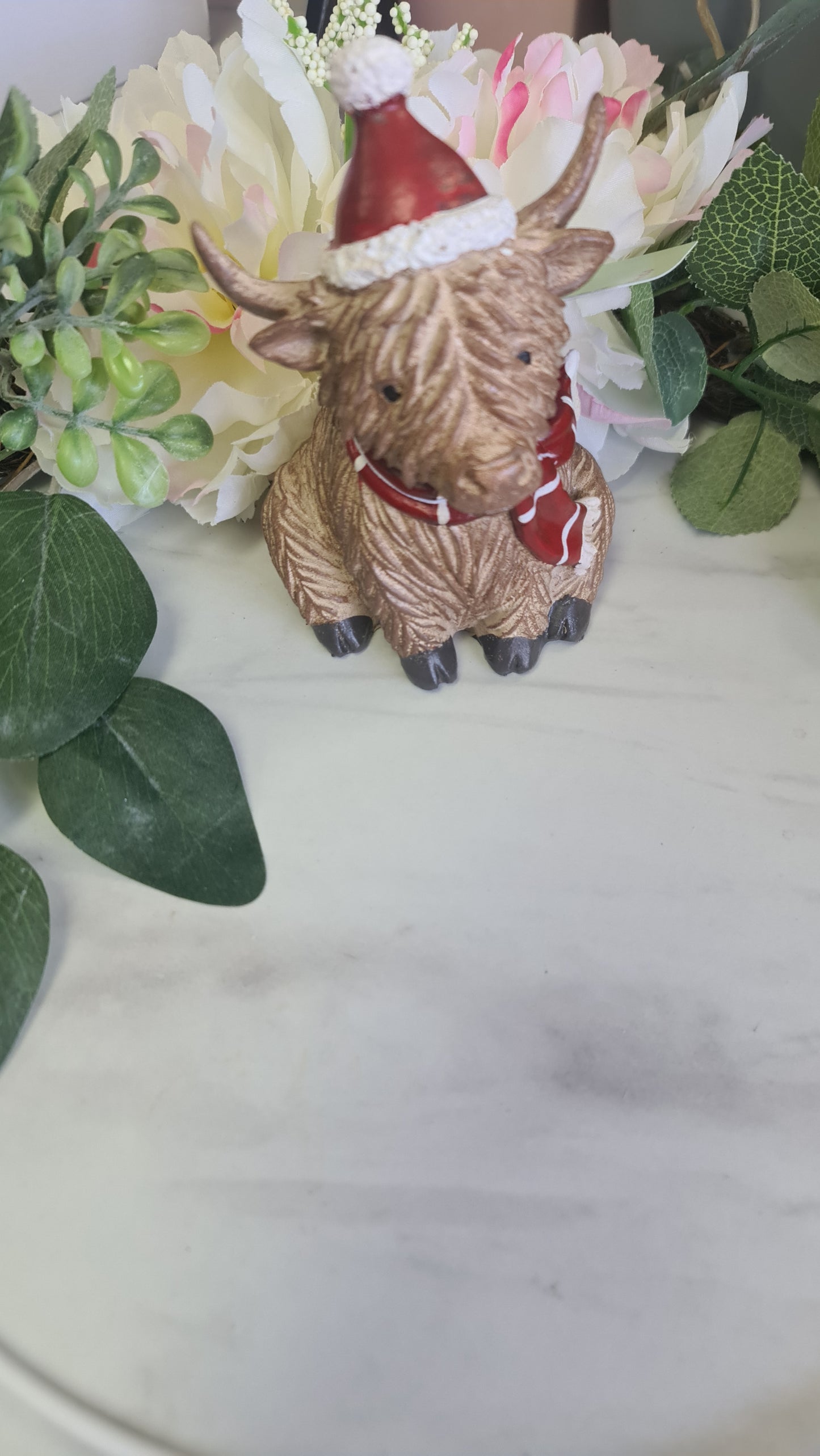 Sitting Highland Cow with Hat & Scarf