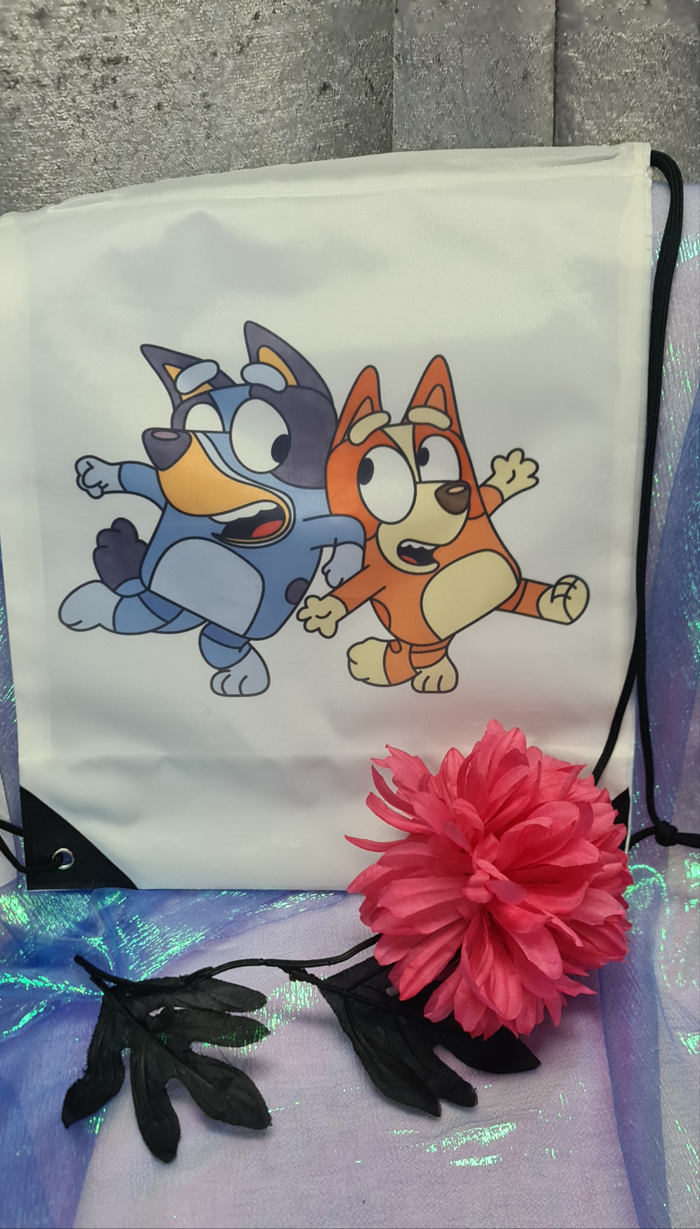 Draw string bag with a Bluey inspired Design
