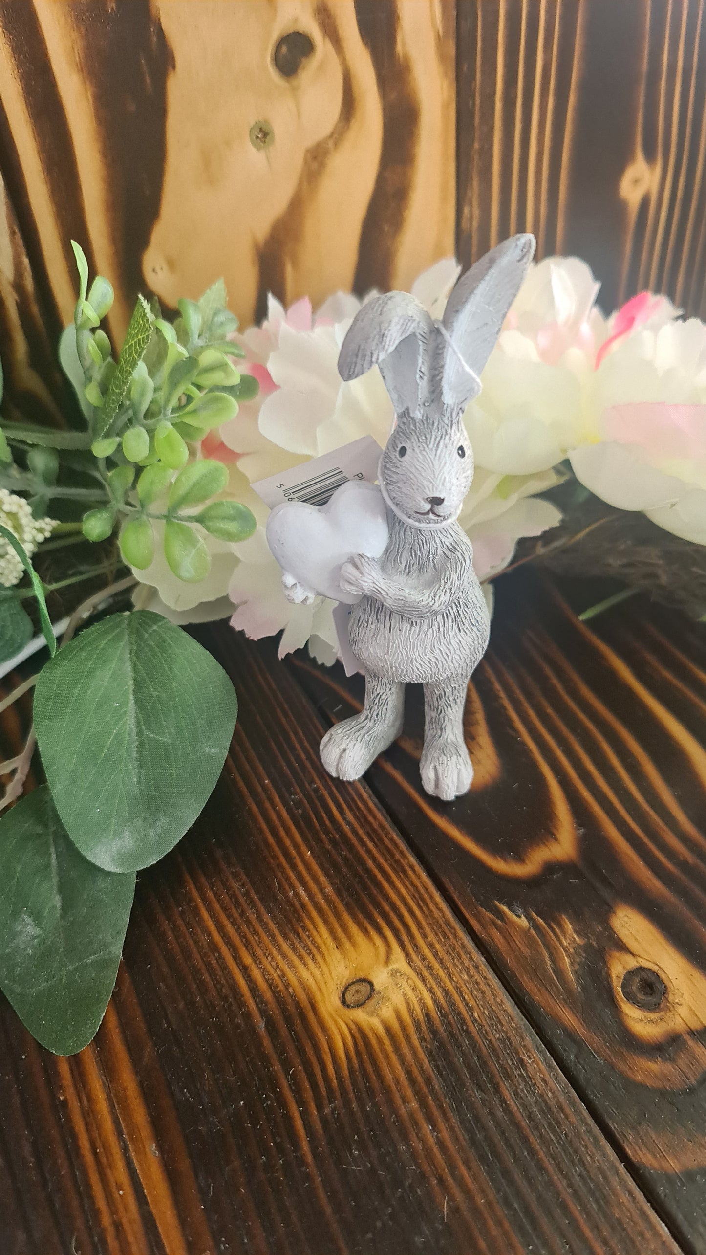 Grey standing Bunny Holding Heart