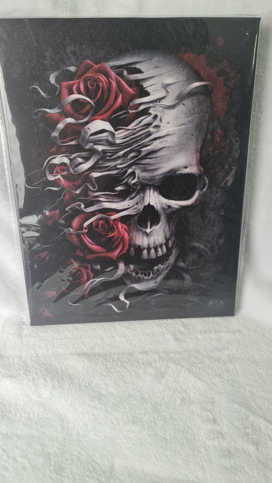 19x25 canvas Spiral Skulls n Roses Mounted MDF Canvas Plaque