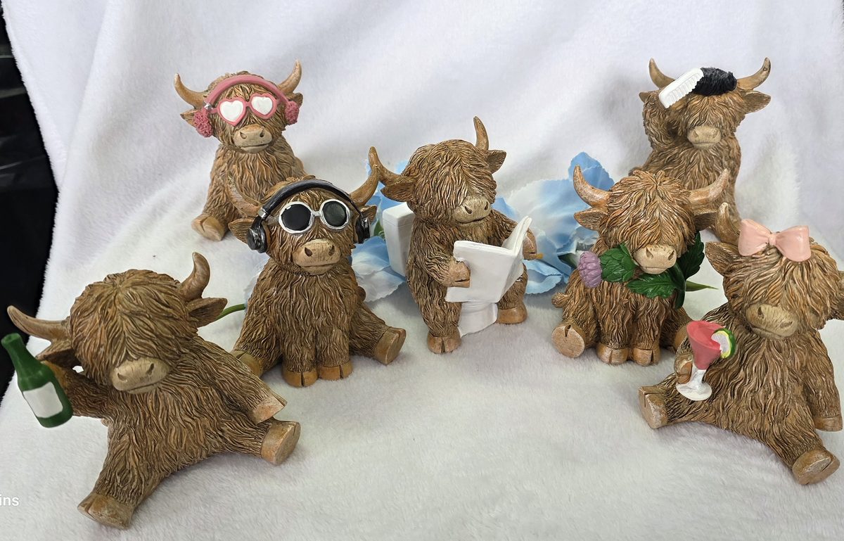Happy Highland Cow with beer bottle figure