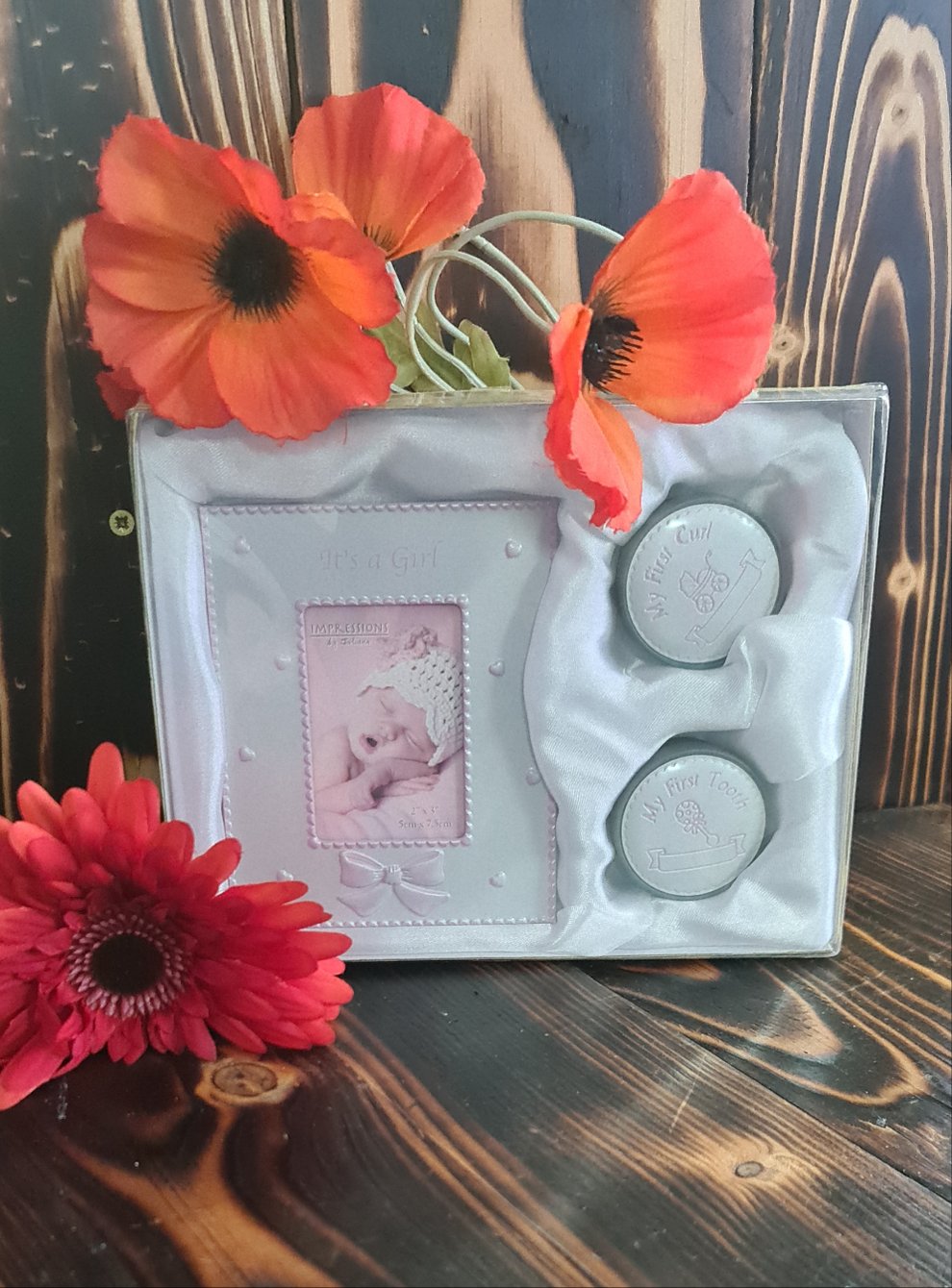 Baby Girl First Tooth, curl and photo frame gift set