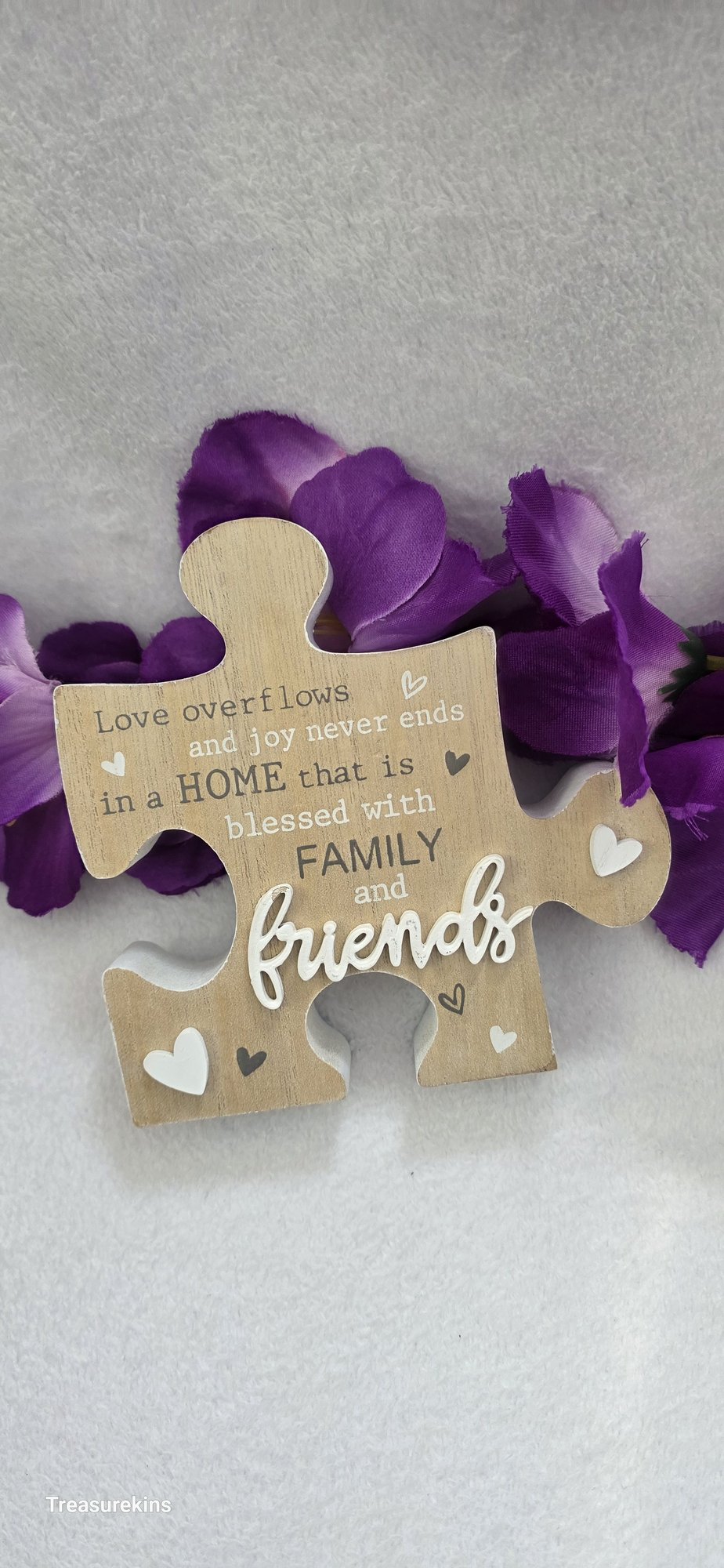Love overflows and joy never ends in a HOME that is blessed FAMILY and FRIENDS - jigsaw piece sentiment plaque