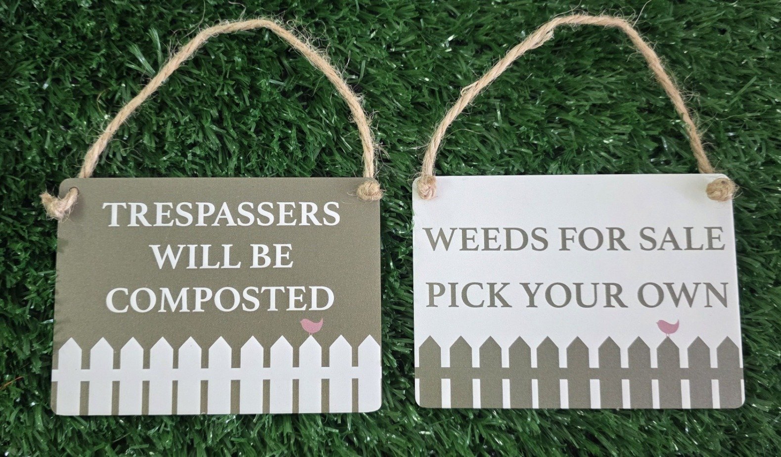 Mini Metal Hanging Plaque reading "Weeds FOR SALE pick your own"